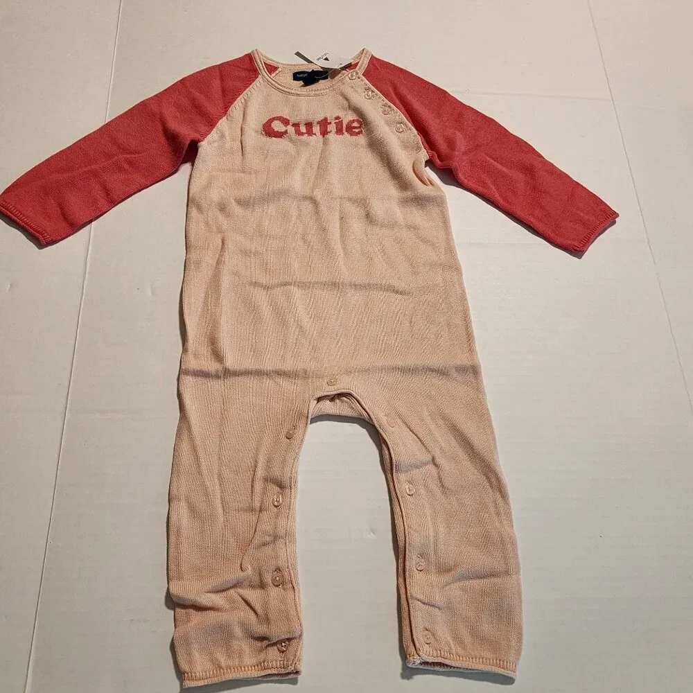 New Baby Gap Peach & Red Knit Romper Cutie 12-18 Months 100% Cotton